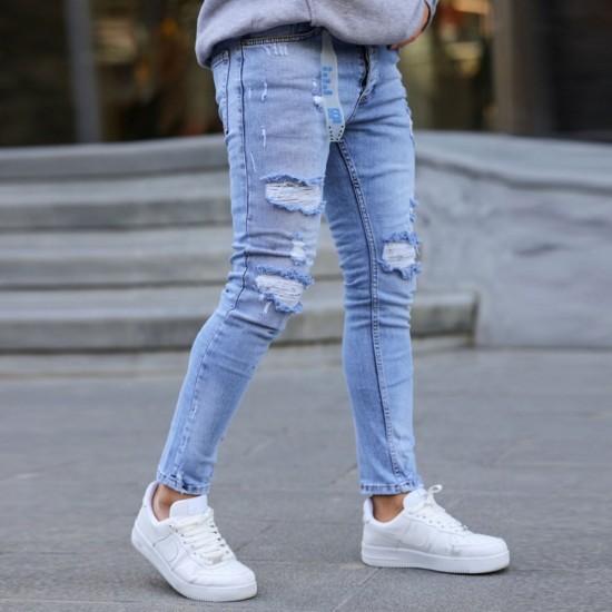 Мъжки дънки, свело сини, накъсан ефект, skinny fit, Ft6901 Мъжки дънки, свело сини, накъсан ефект, skinny fit, Ft6901