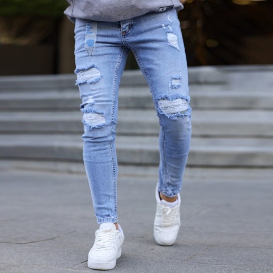 Мъжки дънки, свело сини, накъсан ефект, skinny fit, Ft6901