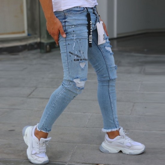 Мъжки дънки накъсан ефект свело сини skinny fit Ft6905