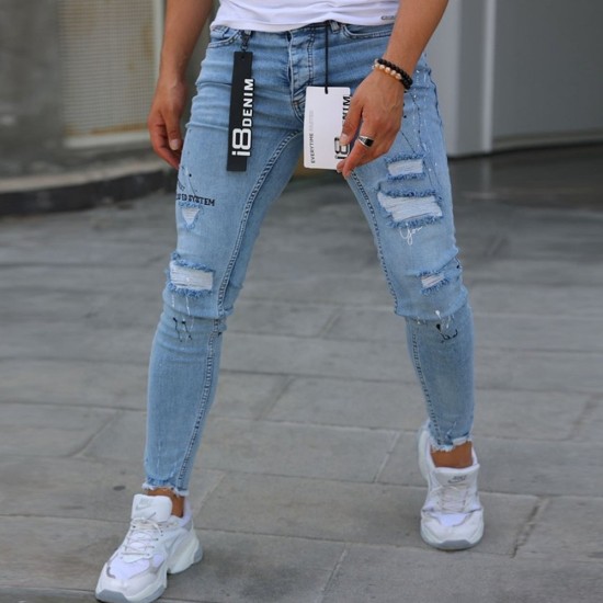 Мъжки дънки накъсан ефект свело сини skinny fit Ft6905