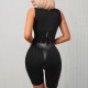 Къс спортен гащеризон с кожени детайли, цвят черен, jumpsuit, Ft8242| Дамски Дънки| Frash.EU
