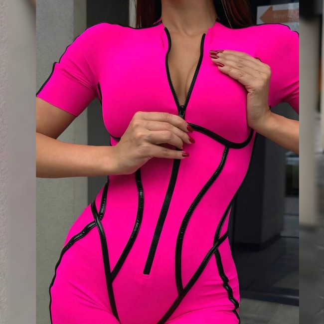 Къс спортен гащеризон с кожени детайли, цвят фуксия, jumpsuit, Ft8243 | Дамски Дънки| Frash.EU