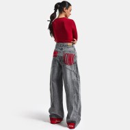 Дамски широки дънки с червени акценти ICONIC, Ft9181