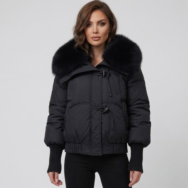 Късо дамско зимно яке в черен цвят с плетени маншети и сваляща се еко яка, Ft9257| Дамски якета | Frash.EU Късо черно дамско зимно яке с плетени маншети и сваляща се еко яка, | Frash.EU