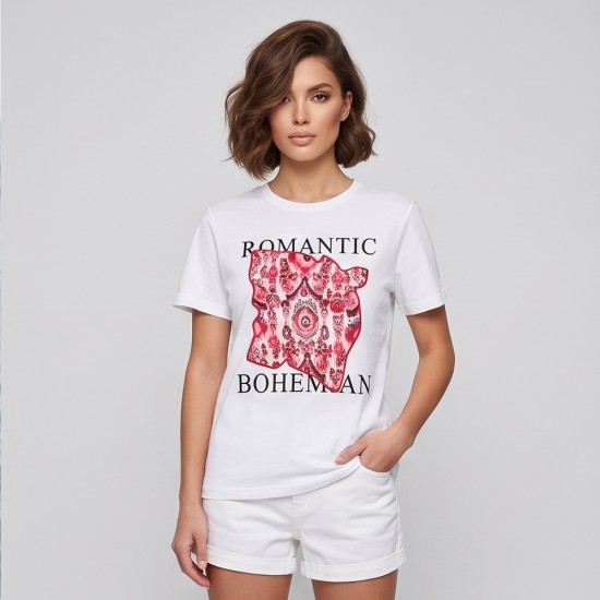 Дамска бяла тениска ROMANTIC BOHEMIAN с цветен десен, Ft6364 Дамска бяла тениска ROMANTIC BOHEMIAN с цветен десен, Ft6364