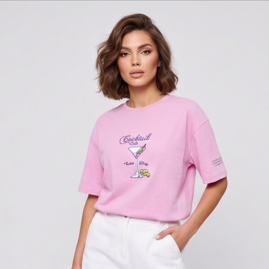 Дамска розова тениска Cocktail Club с щампа на коктейл, Ft6377