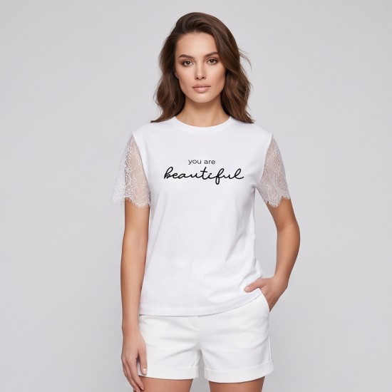 Дамска бяла тениска you are beautiful с дантелени ръкави, Ft6390 Дамска бяла тениска you are beautiful с дантелени ръкави, Ft6390