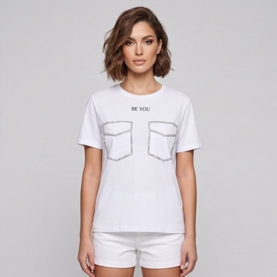 Дамска бяла тениска BE YOU с декоративни джобове с камъни, Ft6391