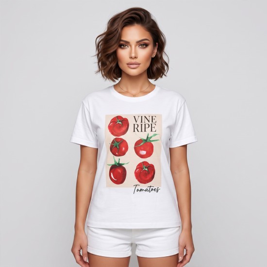 Дамска бяла тениска VINE RIPE Tomatoes с щампа на домати, Ft6393 Дамска бяла тениска VINE RIPE Tomatoes с щампа на домати, Ft6393