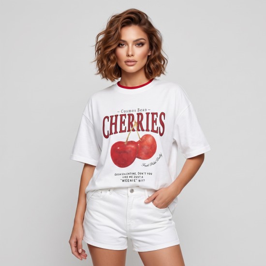 Дамска бяла тениска CHERRIES с щампа на череши, Ft6394 Дамска бяла тениска CHERRIES с щампа на череши, Ft6394