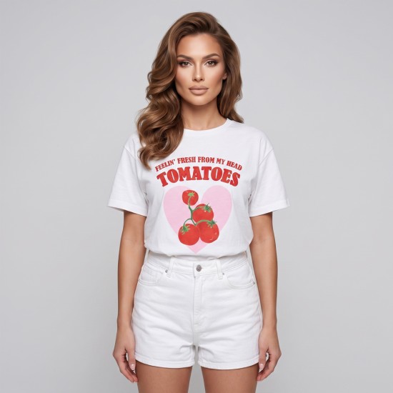 Дамска бяла тениска FEELIN' FRESH FROM MY HEAD TOMATOES, Ft6395