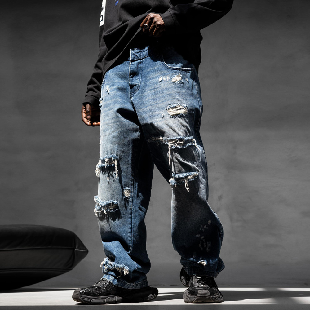 Мъжки широки baggy дънки с накъсвания в синьо, Ft9185