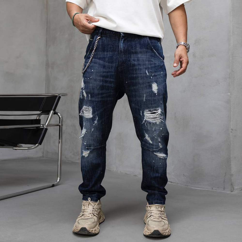 Мъжки тъмносини дънки Loose Fit с ефект пръски боя, Ft9186